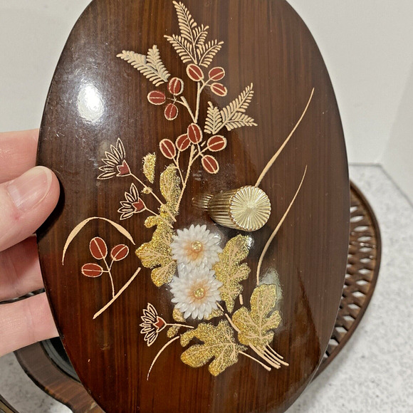 Vintage Asian Faux Wood Lacquer Lattice covered candy dish mid century floral - Picture 3 of 10